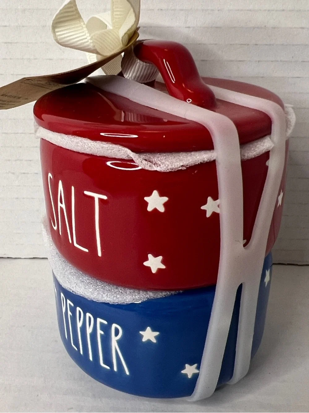 Rae Dunn Patriotic Red White Blue Star Salt Pepper Stackable Ceramic Set New